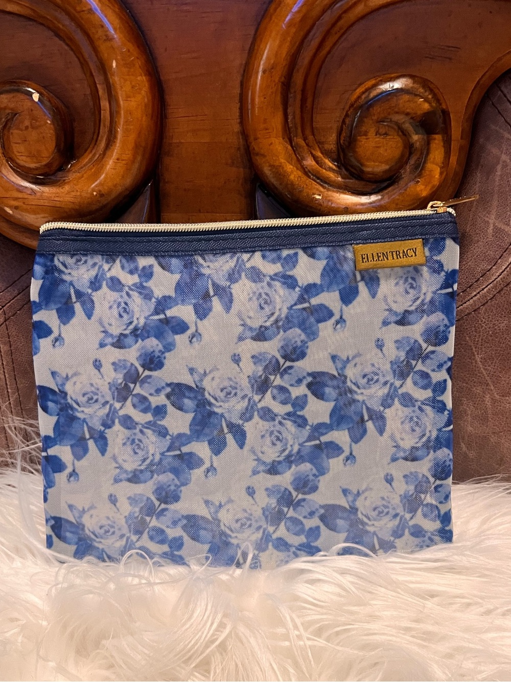 Ellen Tracy Blue Floral Zip Cosmetic Pouch